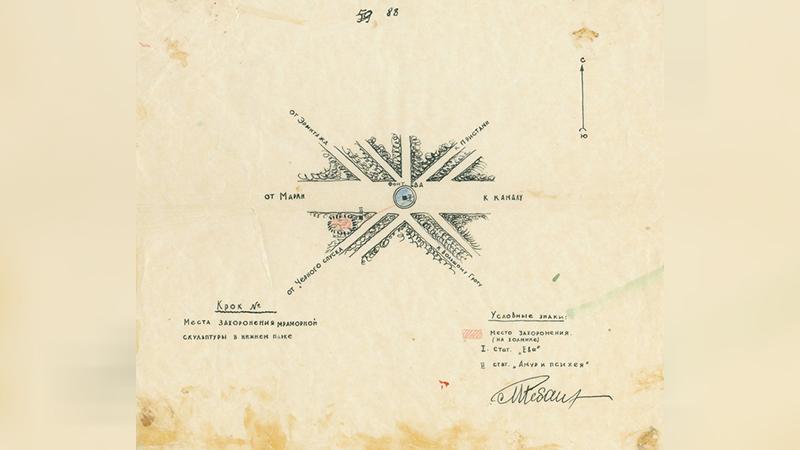 Кроки с указанием мест захоронения скульптуры/ Фото: ГМЗ «Петергоф» в vk.com