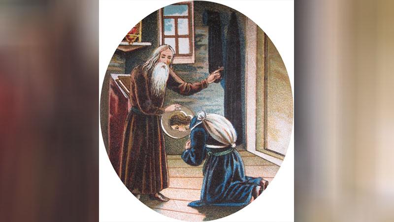 Затворник Китаевской пустыни Досифей благословляет Прохора Мошнина на поступление в Саровскую пустынь. Хромолитография нач. XX в./ Фото: общественное достояние